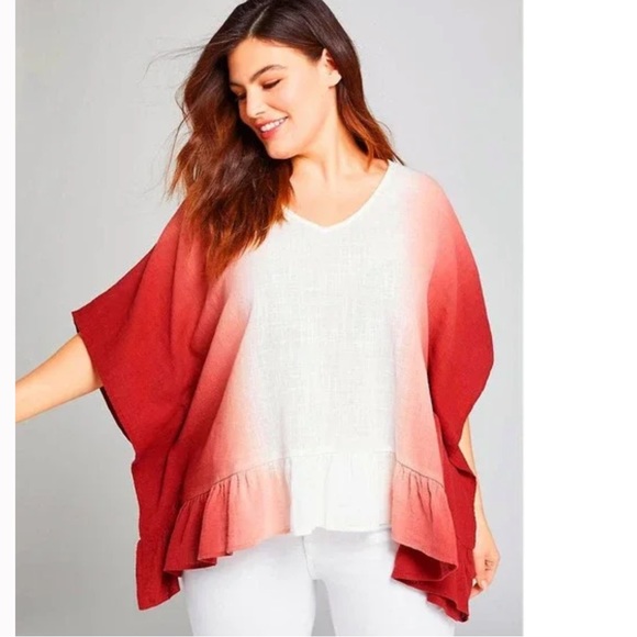 Lane Bryant ombre boho ruffled hem cotton poncho blouse top - Picture 1 of 7